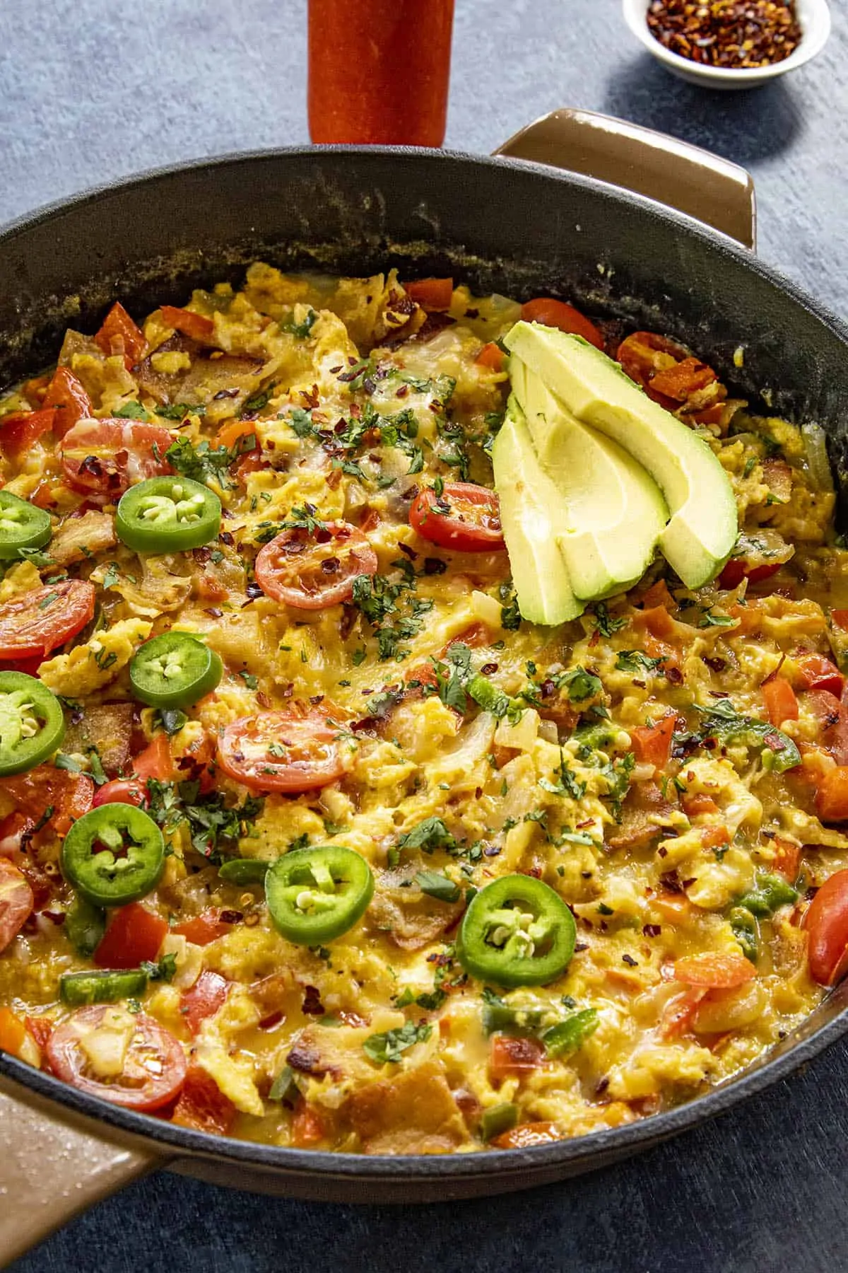 A big pan of Migas (Easy Mexican Scrambled Eggs with Crispy Tortillas), ready to serve