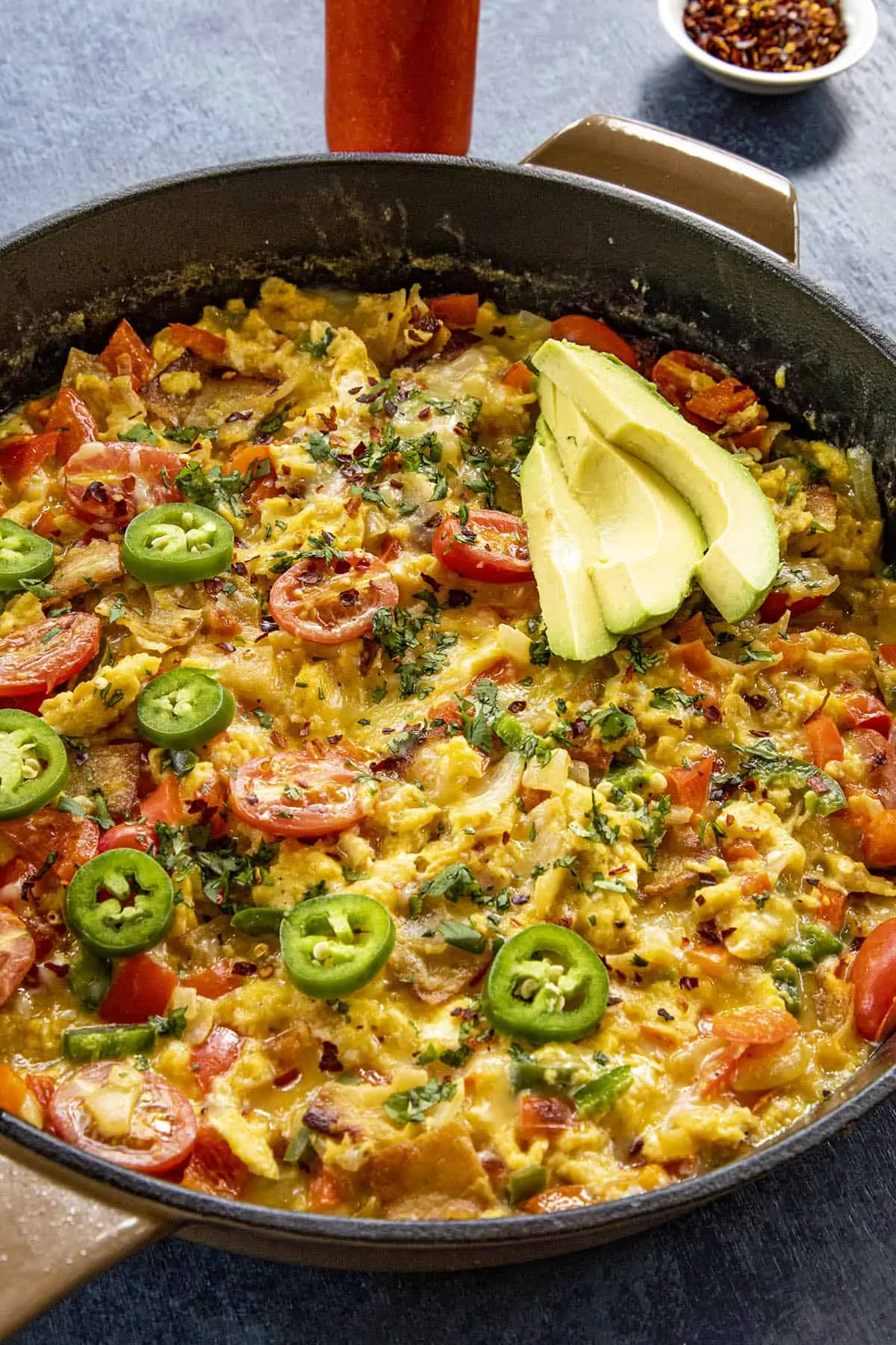 A big pan of Migas (Easy Mexican Scrambled Eggs with Crispy Tortillas), ready to serve.