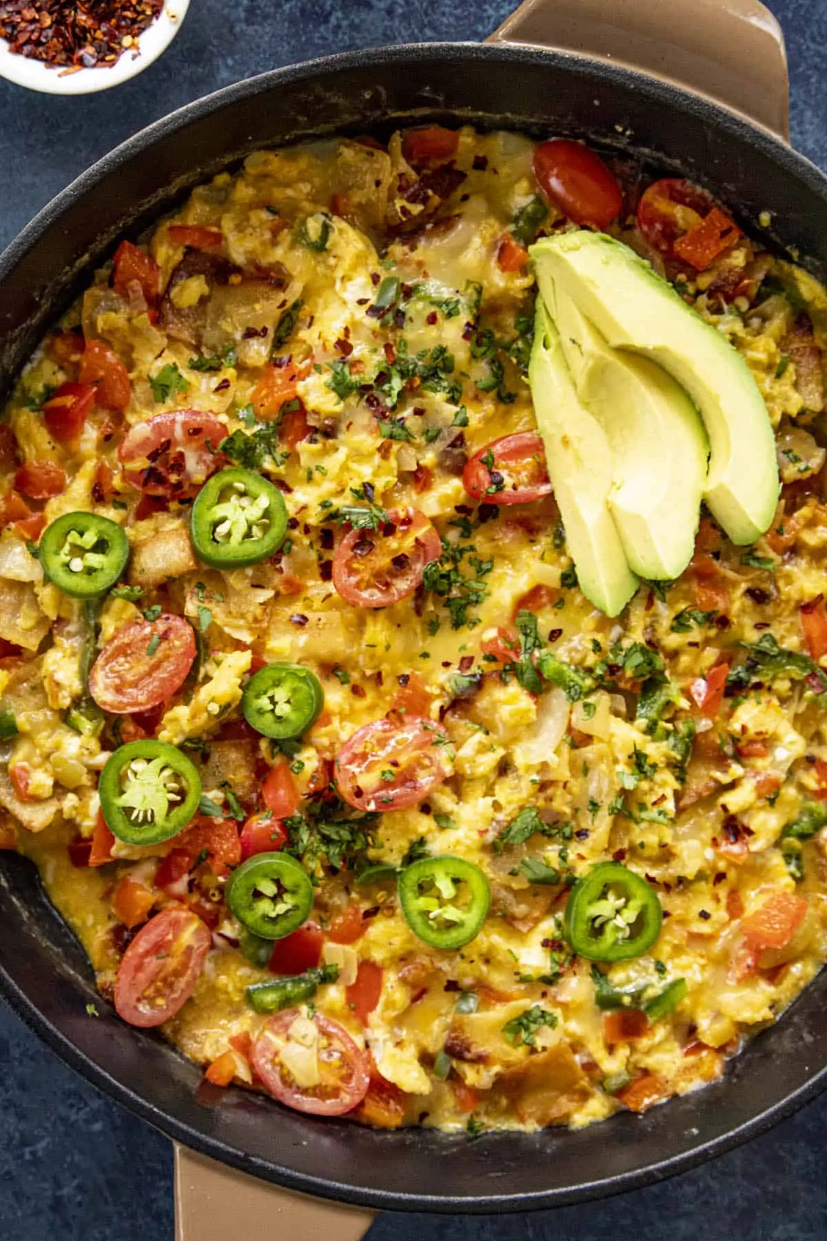 A big pan of Migas (Easy Mexican Scrambled Eggs with Crispy Tortillas).