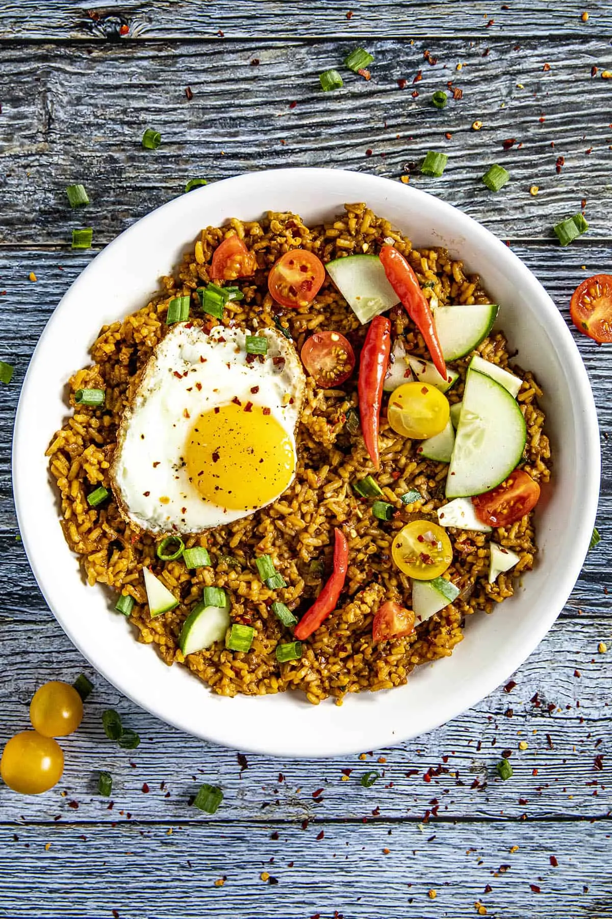 Indonesian Fried Rice (Nasi Goreng) in a bowl, ready to serve
