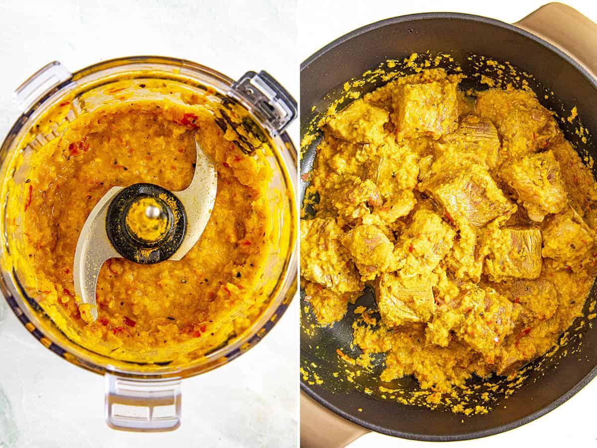 Blending the renang curry paste and browning the beef with the rendang curry mixture in a large pot