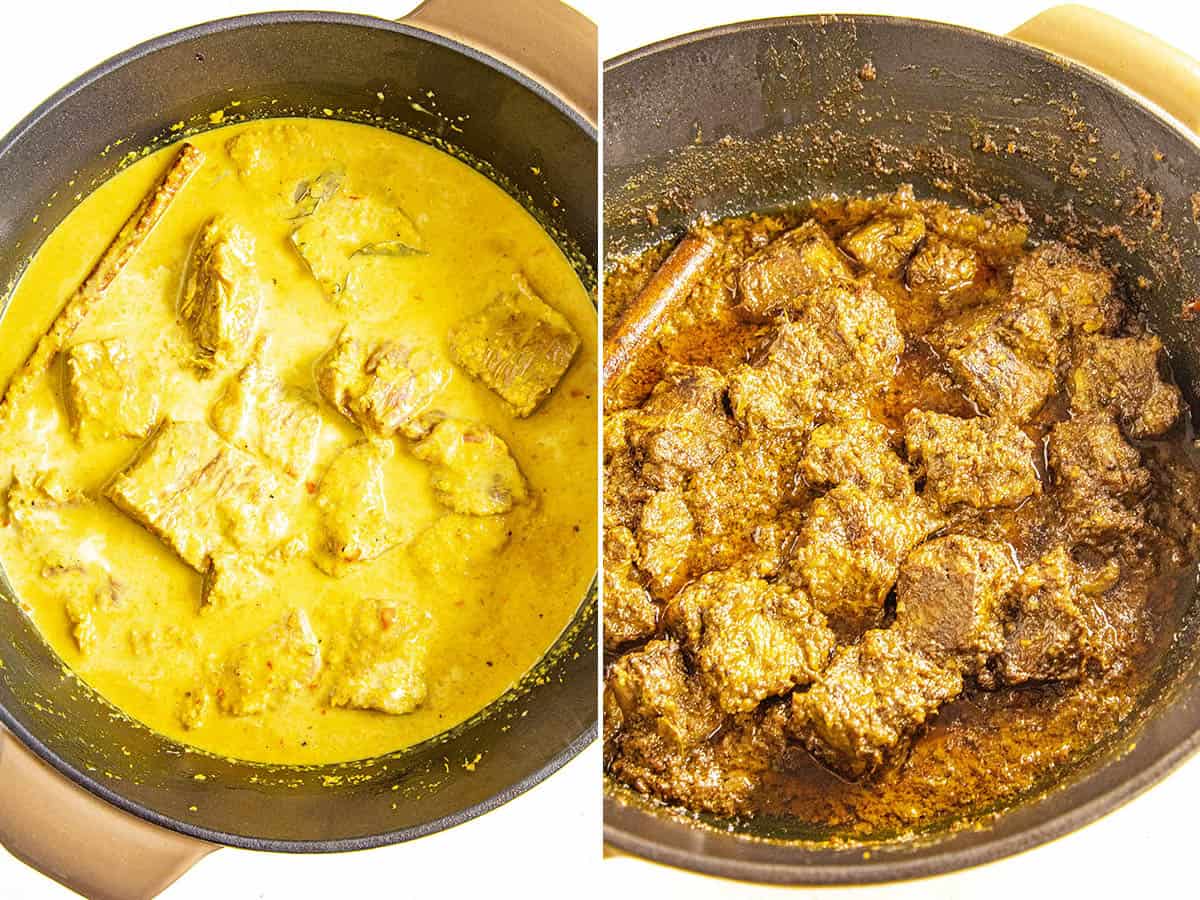 Adding the coconut milk to the pot of rendang, and finished rendang.
