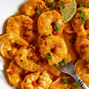 Udang Balado Recipe (Indonesian Spicy Shrimp) on a fork