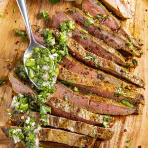 Chimichurri Steak cut into thin slices.