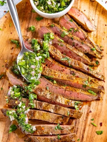 Chimichurri Steak cut into thin slices.