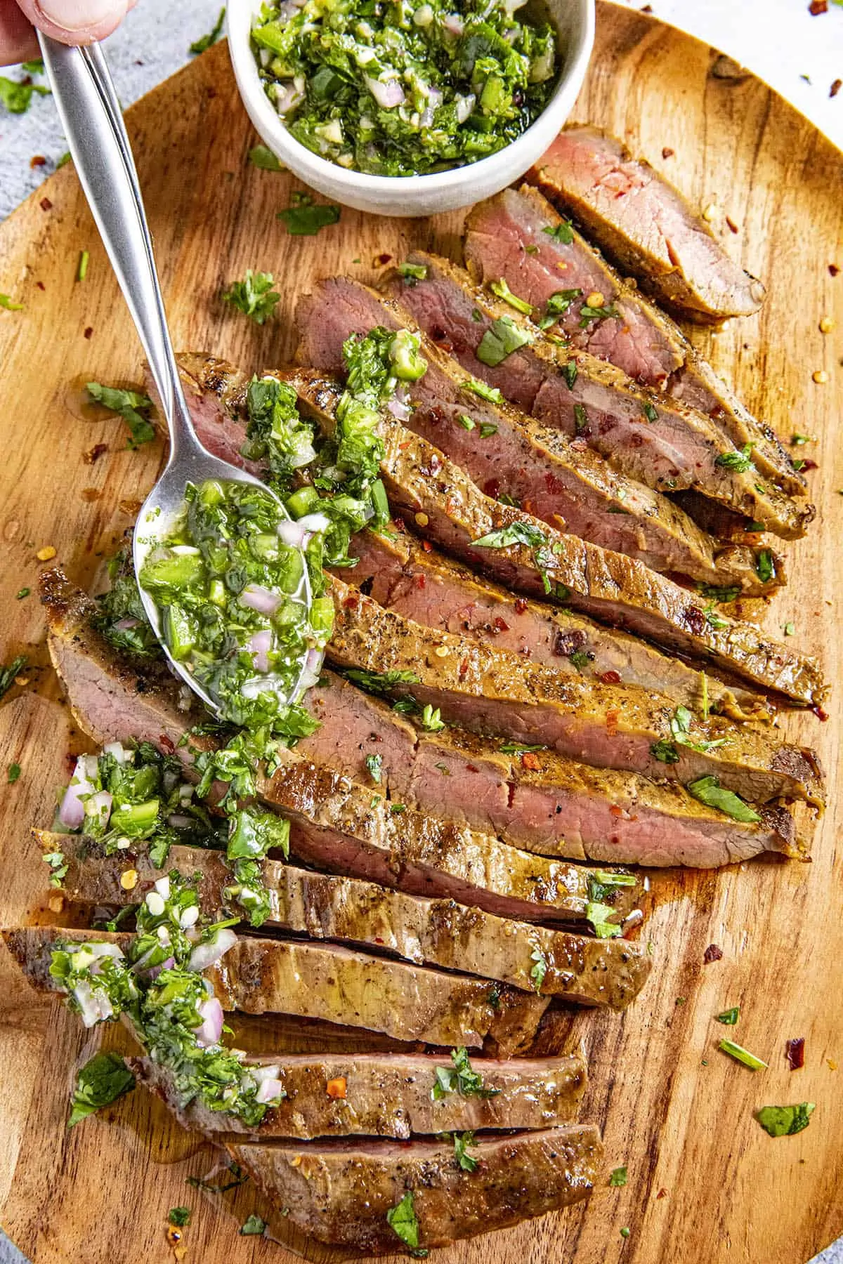 Chimichurri Steak cut into thin slices.