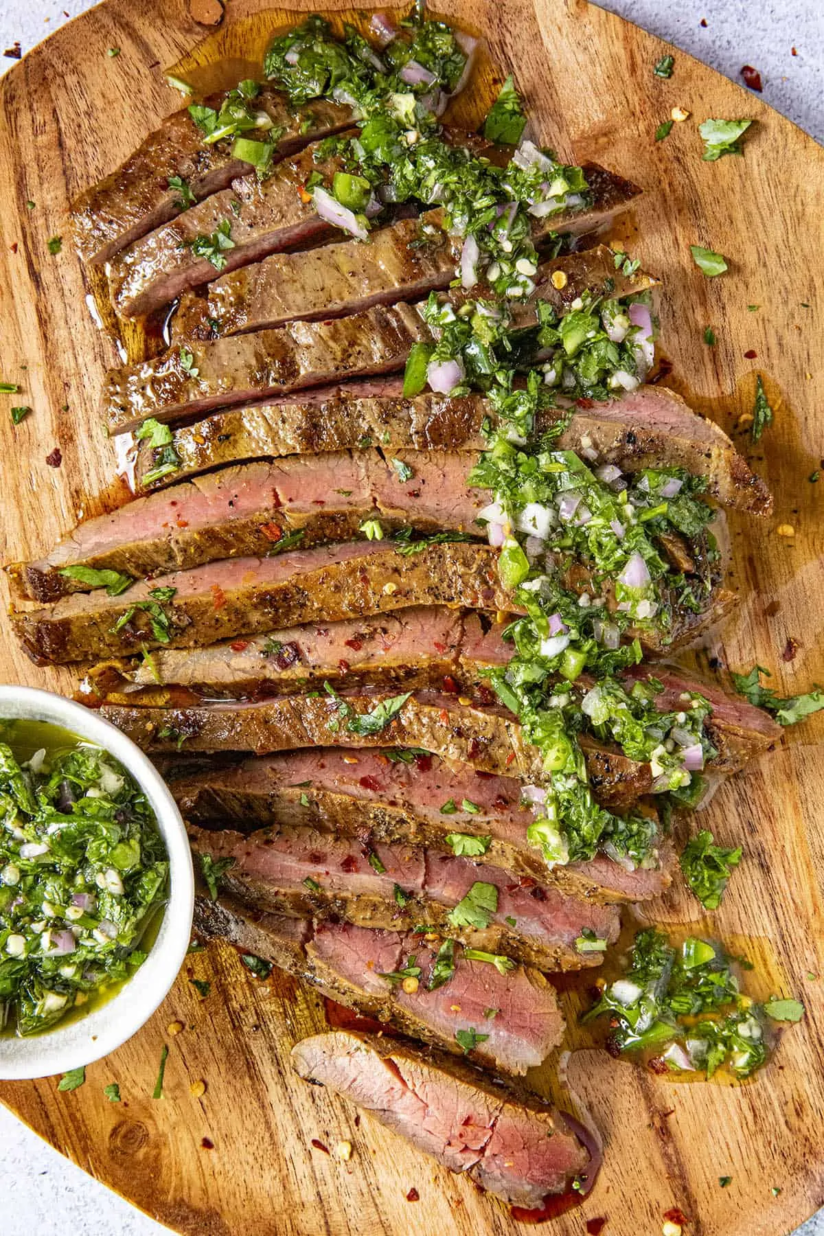 Chimichurri Steak on a platter, ready to serve.