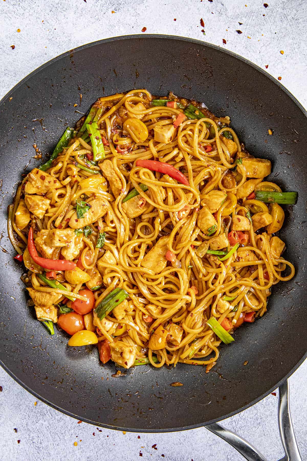 Spicy Drunken Noodles in a pan with chili flakes and green onion