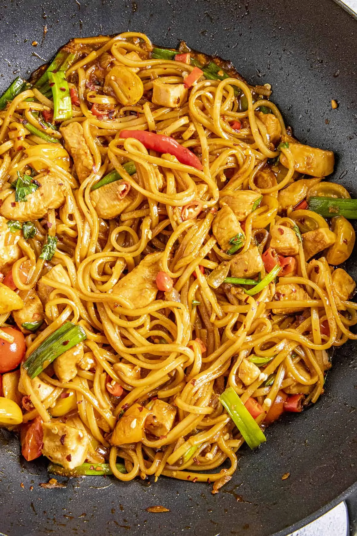 Spicy Drunken Noodles in a pan