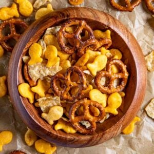 Homemade Spicy Snack Mix served in a bowl.