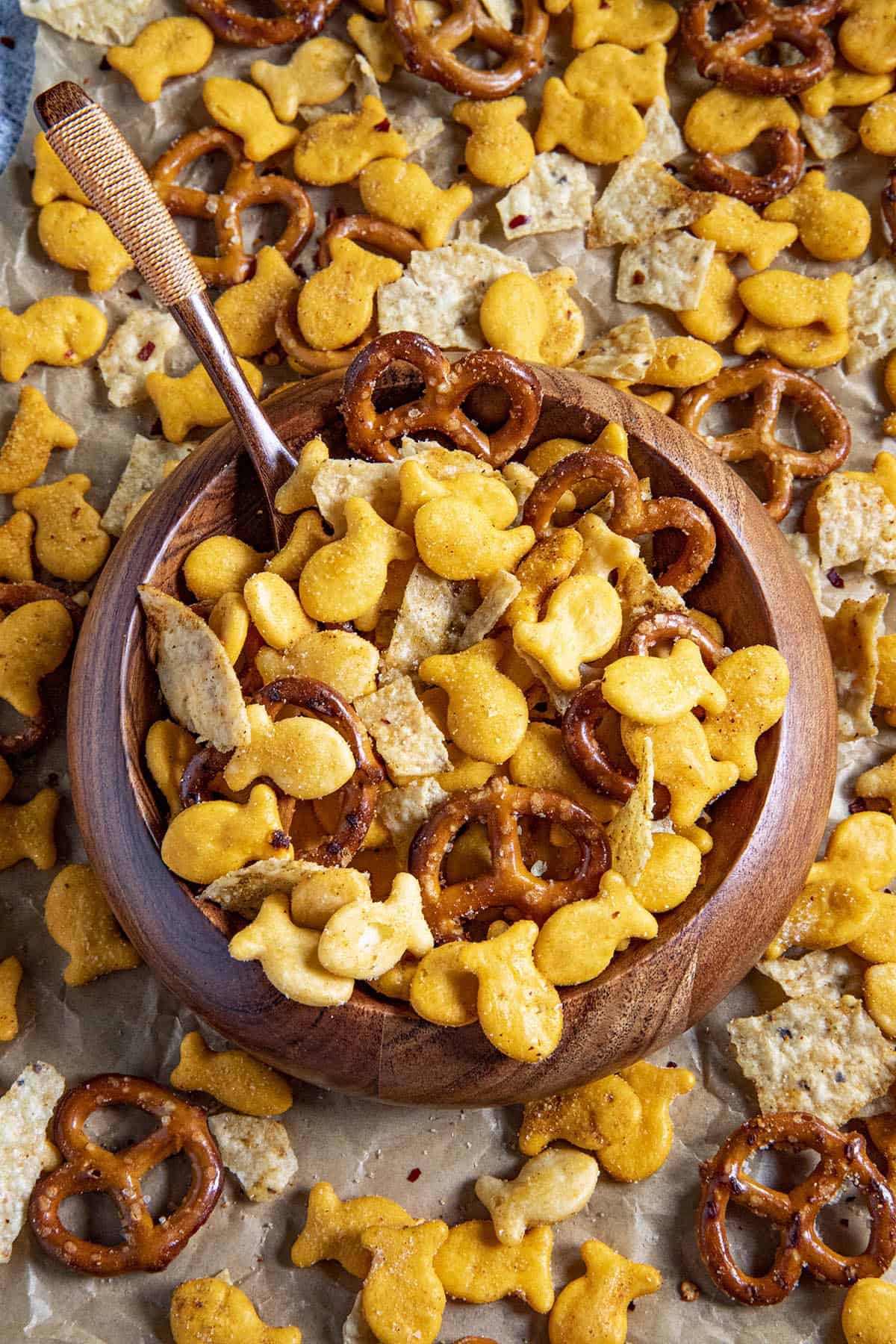 Homemade Spicy Snack Mix in a bowl for serving.