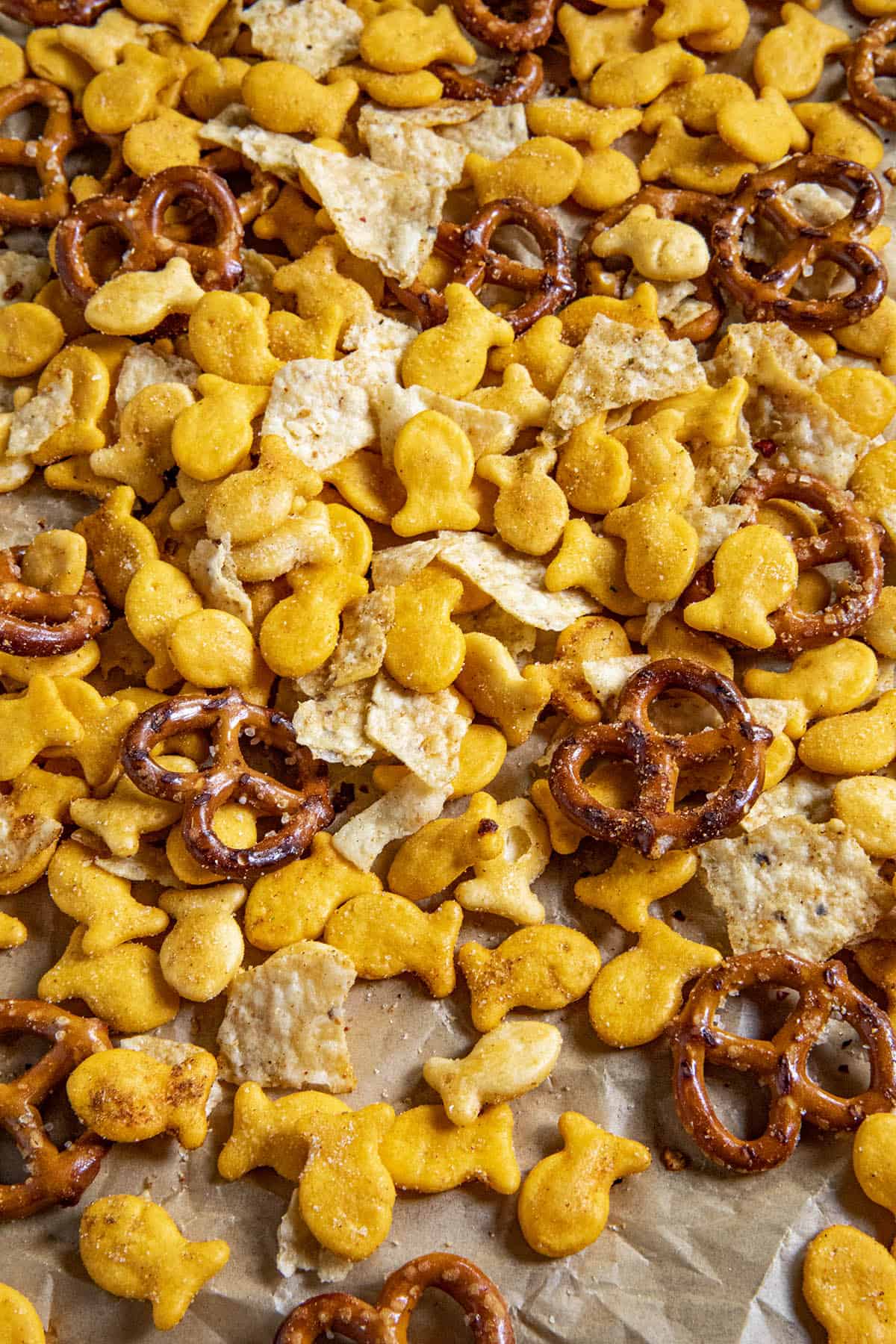 Lots of Homemade Spicy Snack Mix on a serving tray.
