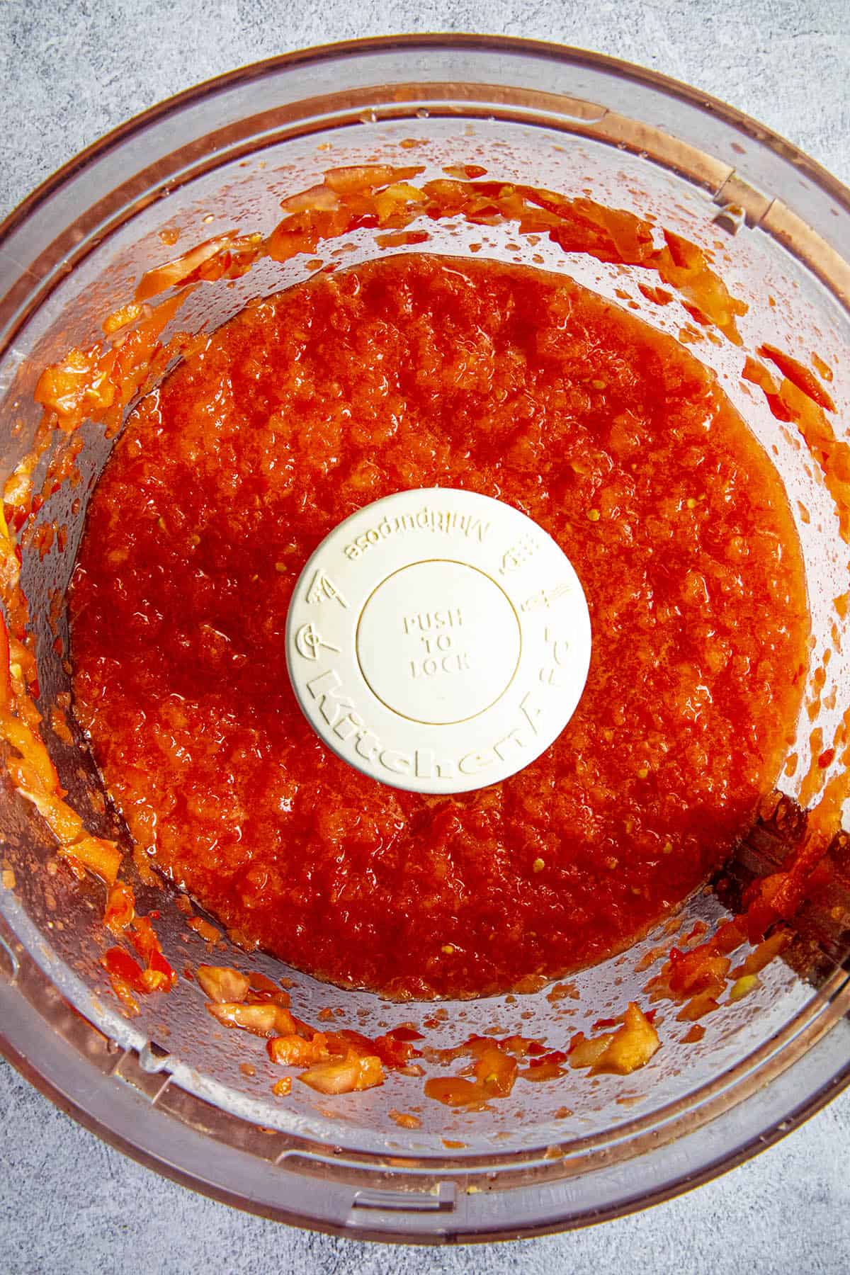 The Jollof Rice tomato-pepper puree in the food processor