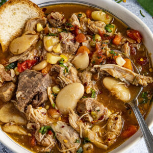 Burgoo served in a big white bowl