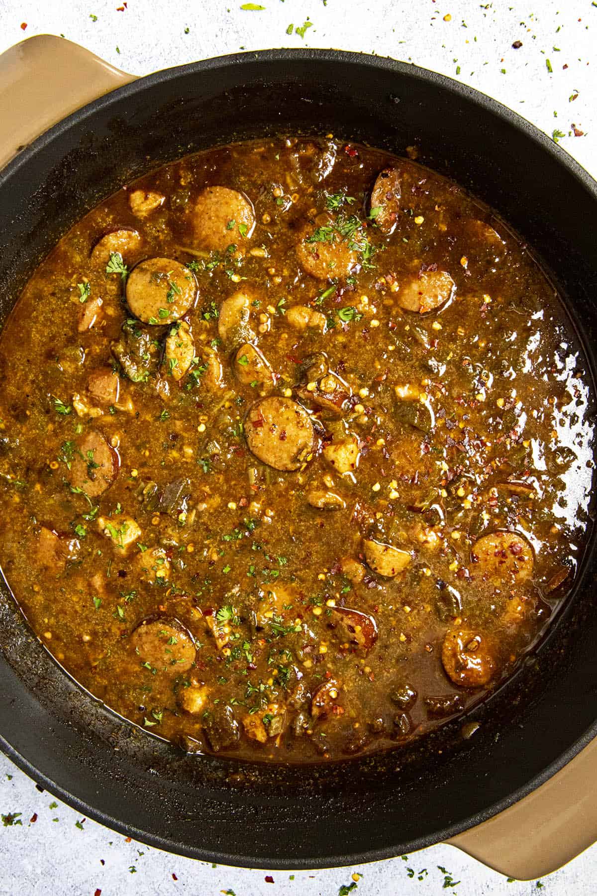 Cajun Chicken and Sausage Gumbo in a pot