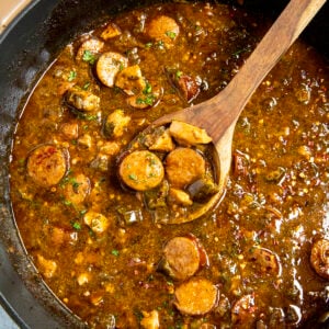 Cajun Chicken and Sausage Gumbo on a spoon