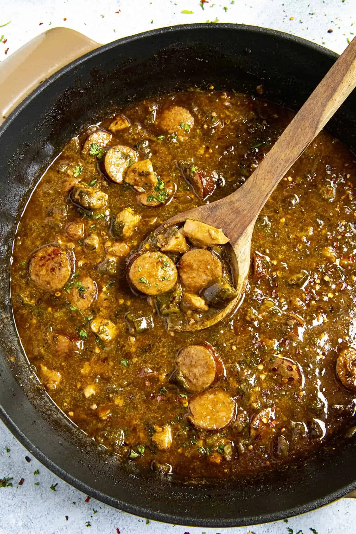 Cajun Chicken and Sausage Gumbo on a spoon.