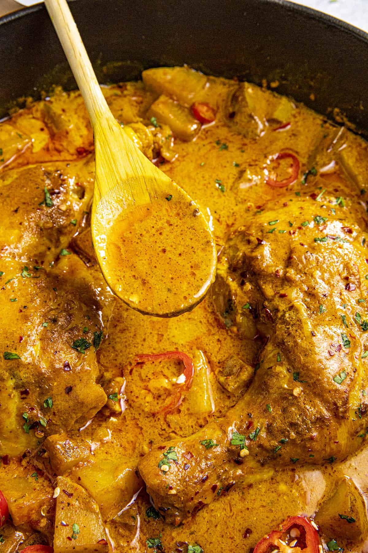 A spoonful of Jamaican Curry Chicken curry sauce