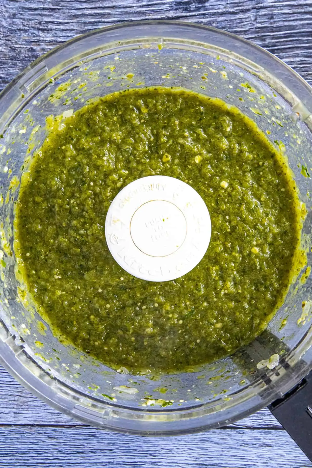 Espagueti Verde sauce (aka green spaghetti sauce) in a food processor