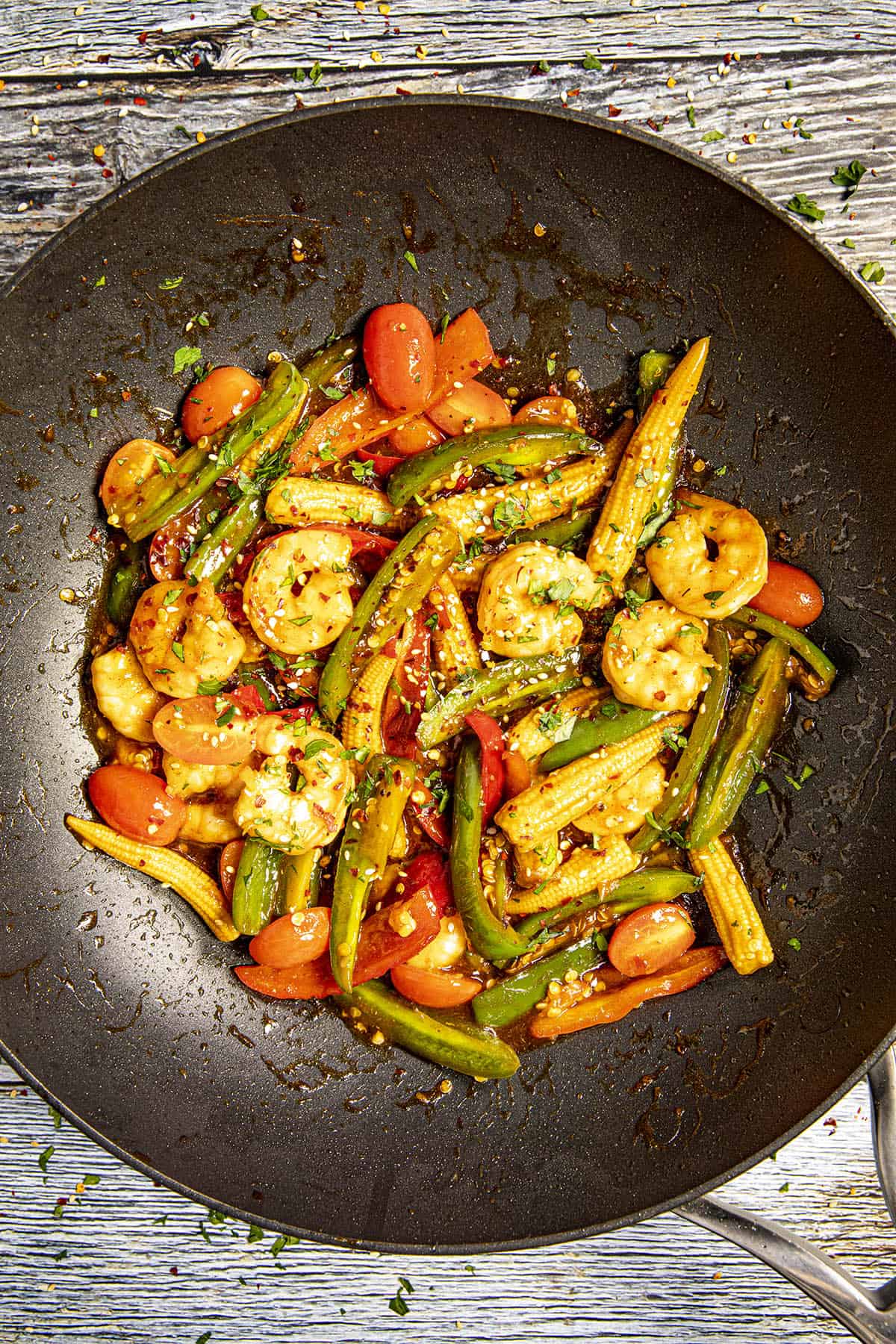 Teriyaki Shrimp Stir Fry in a pan