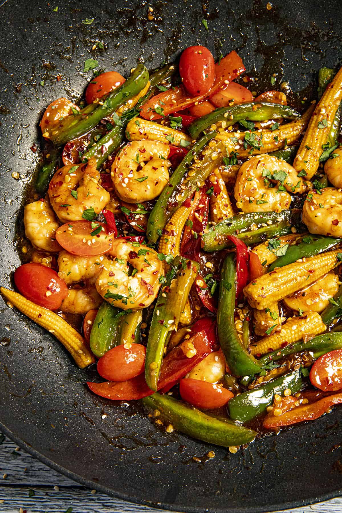 Teriyaki Shrimp Stir Fry in a hot pan, ready to serve