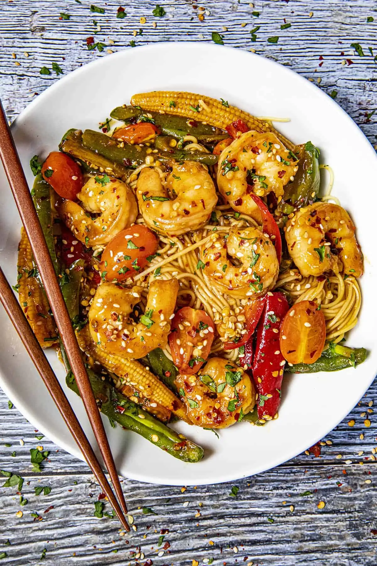 Teriyaki Shrimp Stir Fry in a bowl with chopsticks