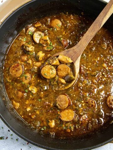 Cajun Chicken and Sausage Gumbo on a spoon