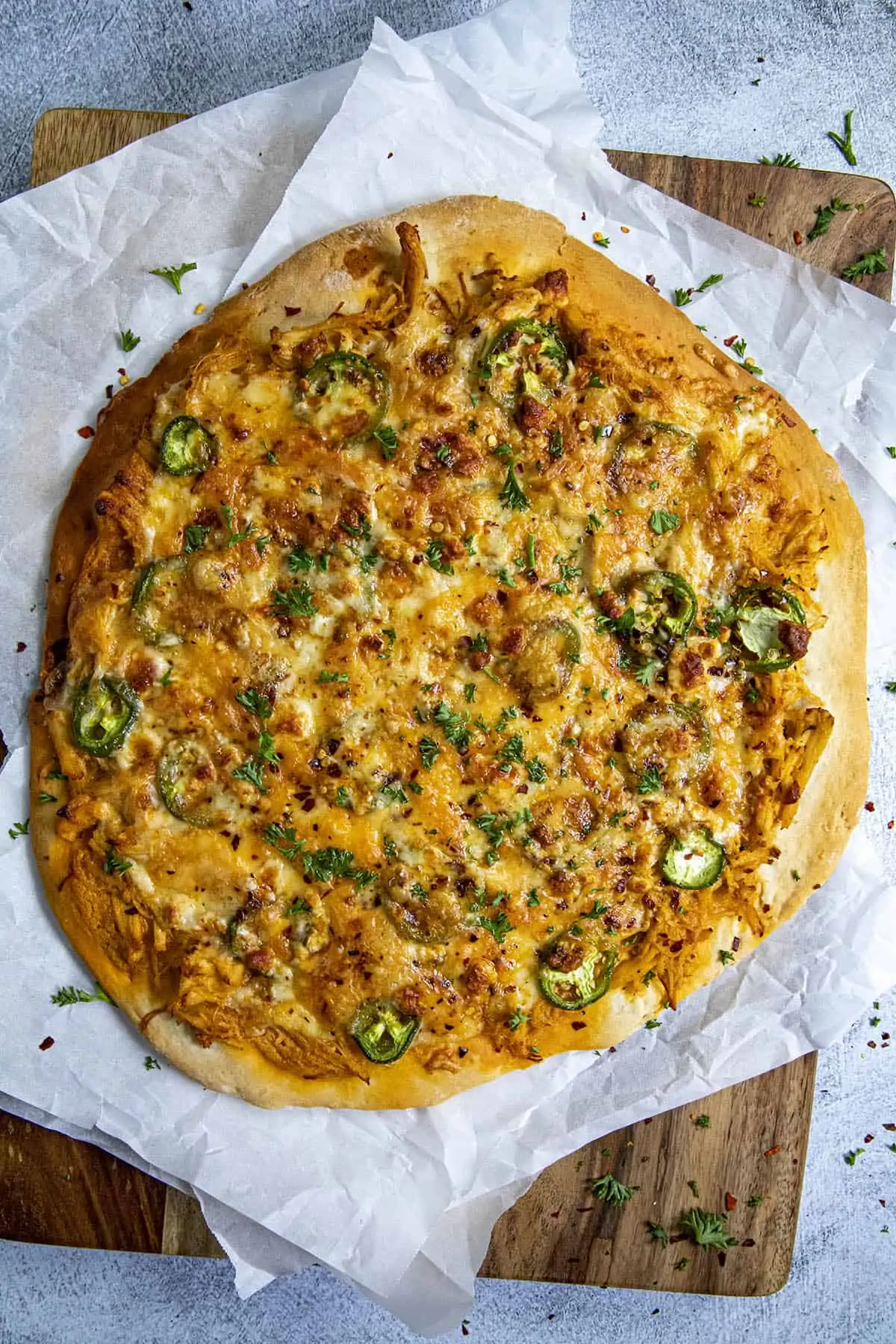 Buffalo Chicken Pizza ready for slicing