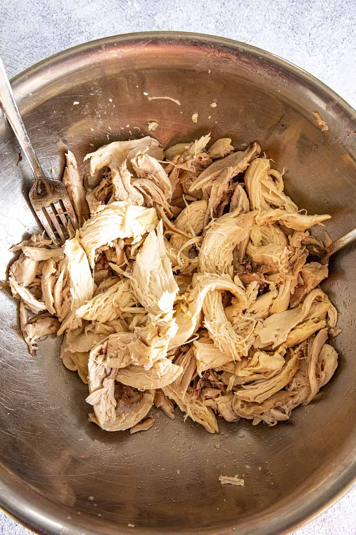 Shredding the chicken to make Caldo de Pollo