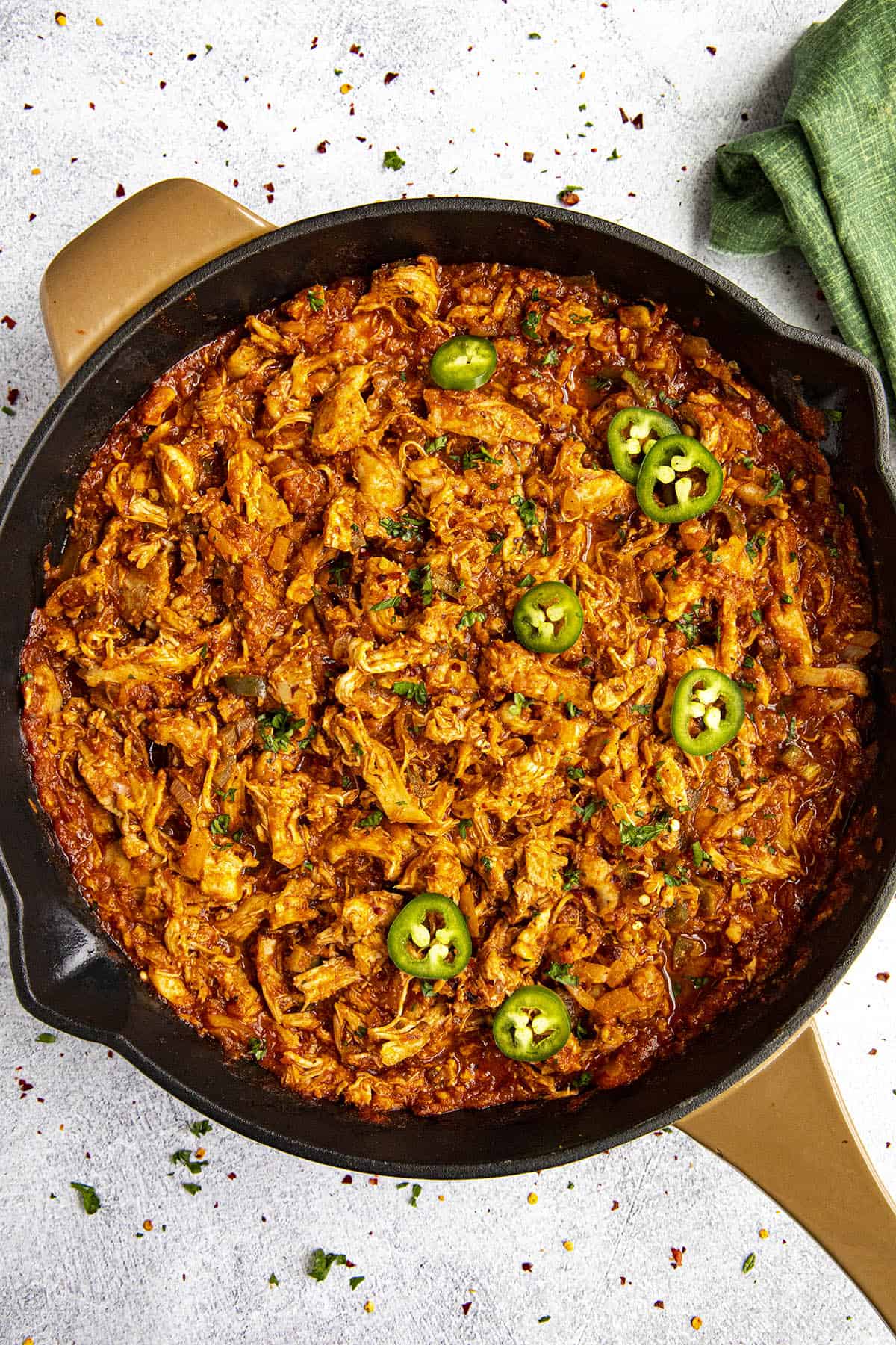 Spicy shredded Chicken Tinga in a pan