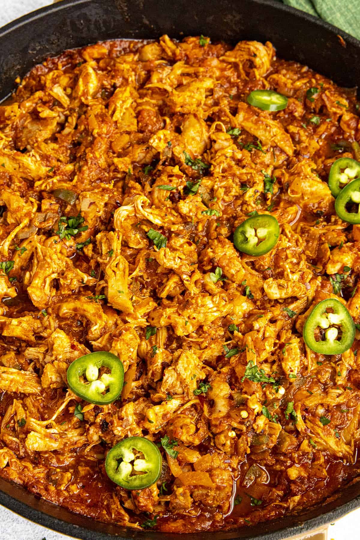 Chicken tinga garnished with sliced peppers