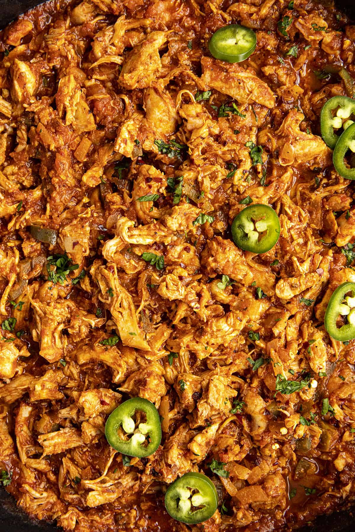 Spicy Chipotle Shredded Chicken (aka chicken tinga), in a pot