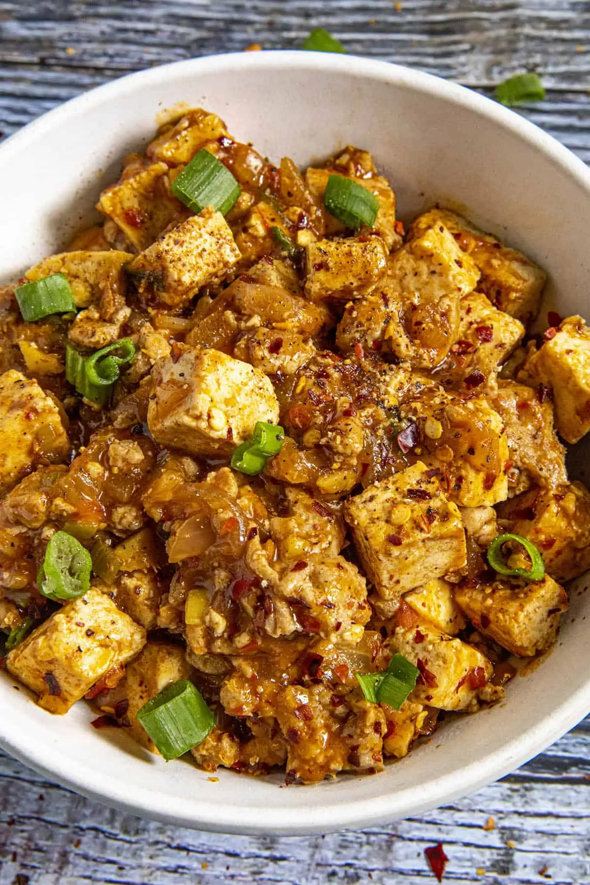 Mapo Tofu in a bowl, ready to serve.