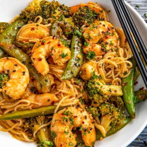 Spicy Shrimp Stir Fry in a white bowl