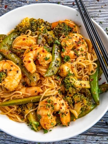 Spicy Shrimp Stir Fry in a white bowl