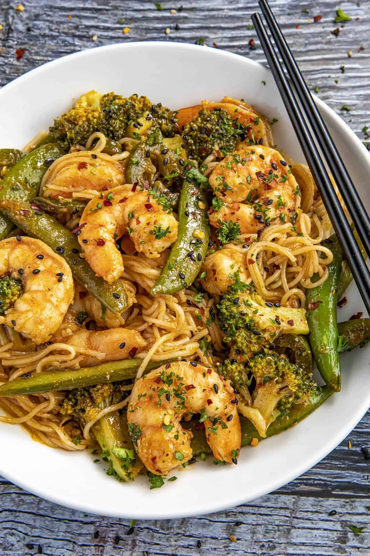 Spicy Shrimp Stir Fry in a white bowl