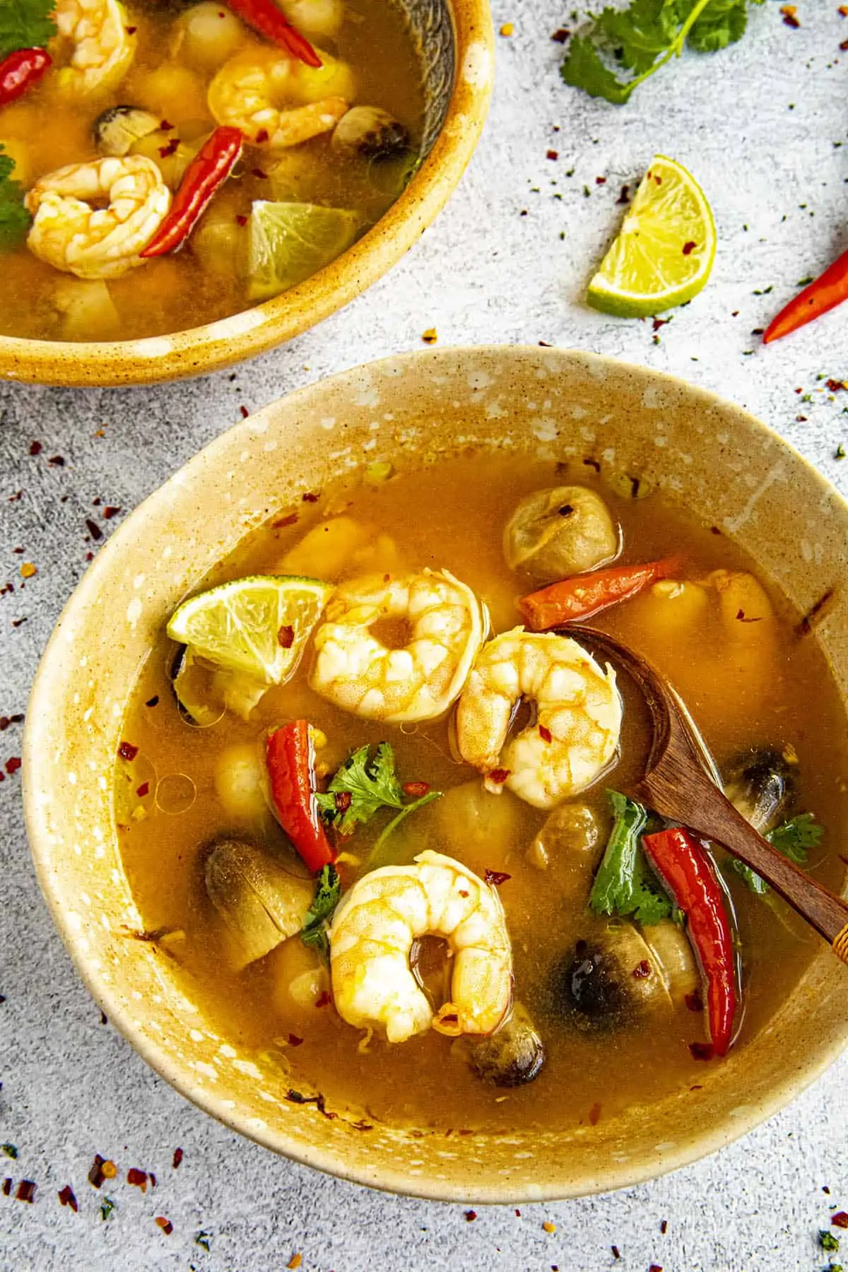 Tom Yum Soup in a bowl with lots of shrimp
