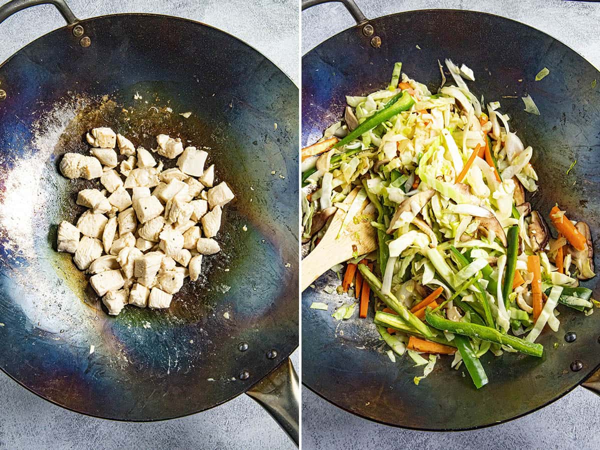 Stir frying the chicken and vegetables in the hot wok to make yakisoba noodles