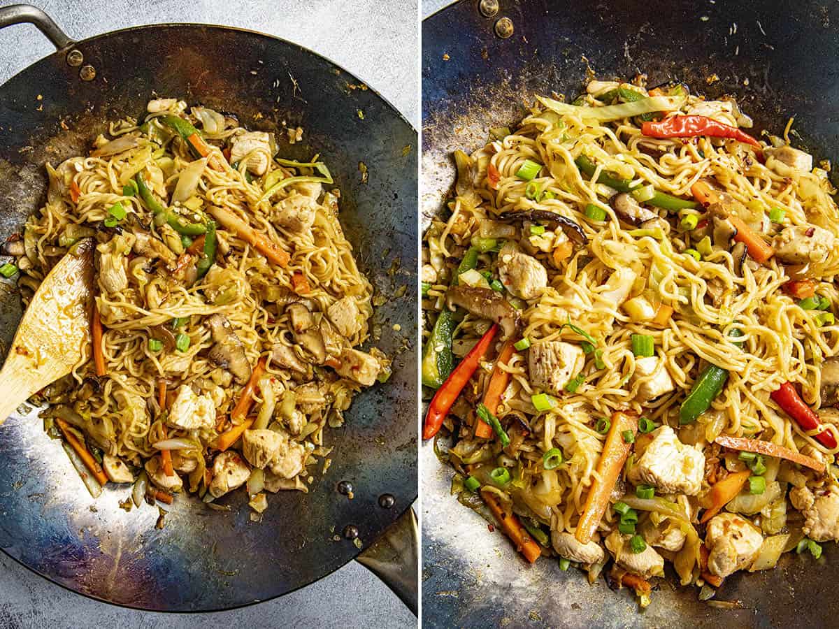 Stirring the sauce and extras into the wok with noodles to make Yakisoba Noodles