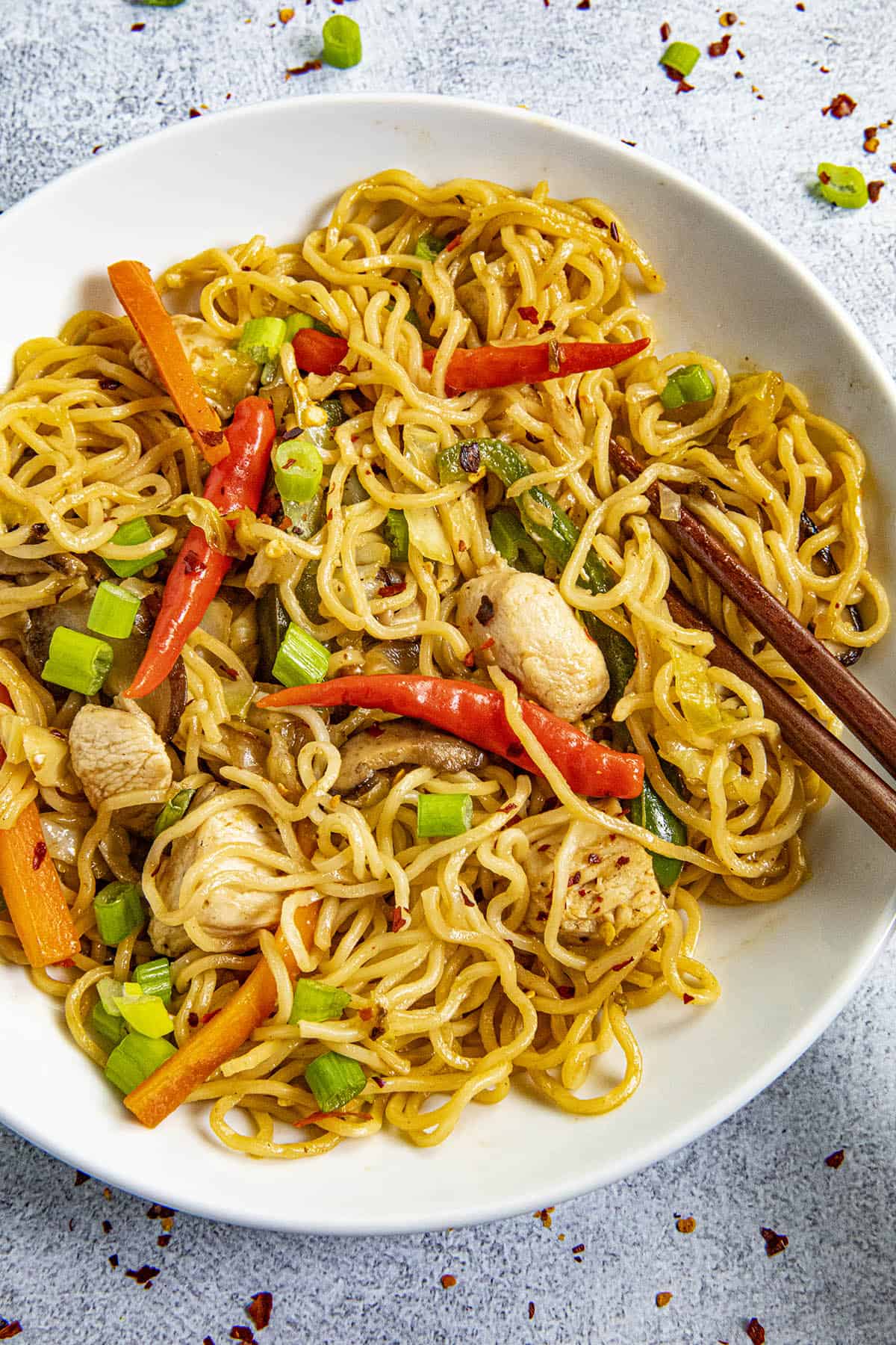 Yakisoba Noodles in a bowl with chopsticks