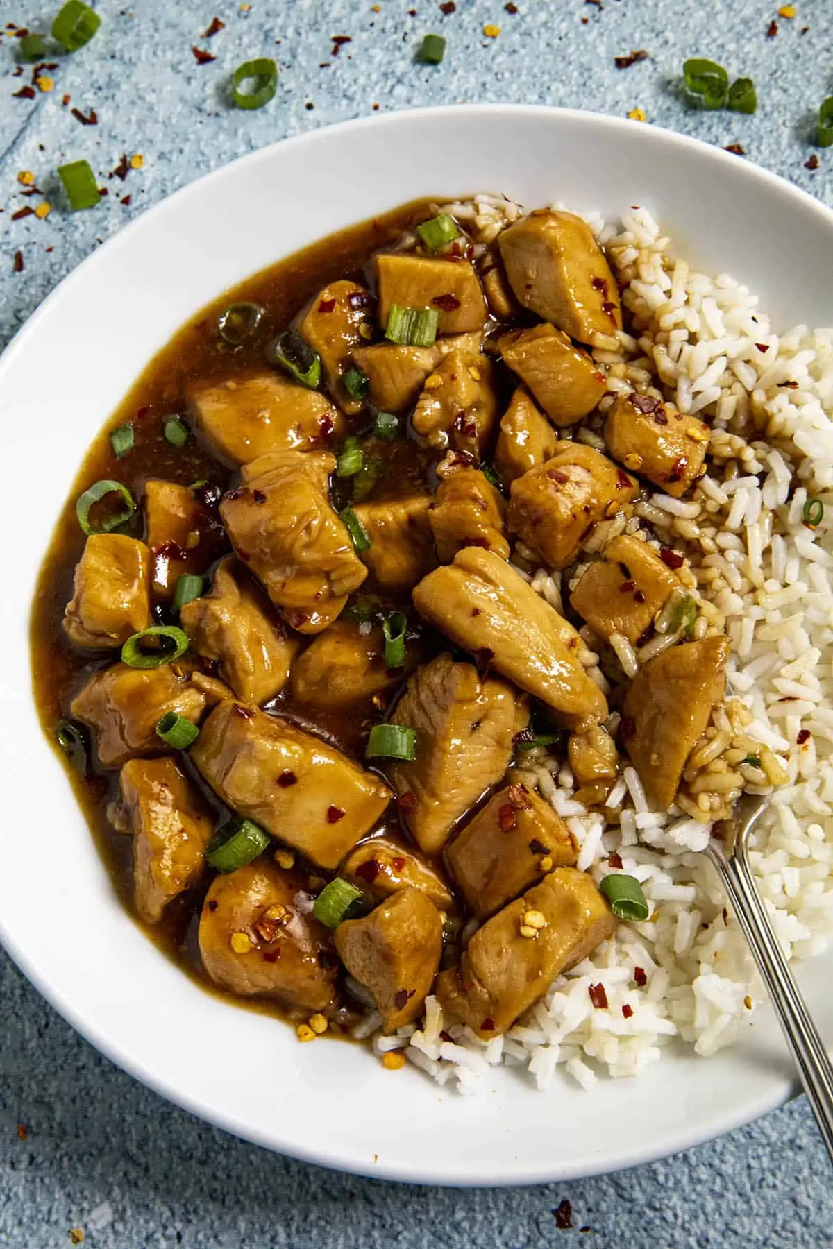 Bourbon Chicken on a fork