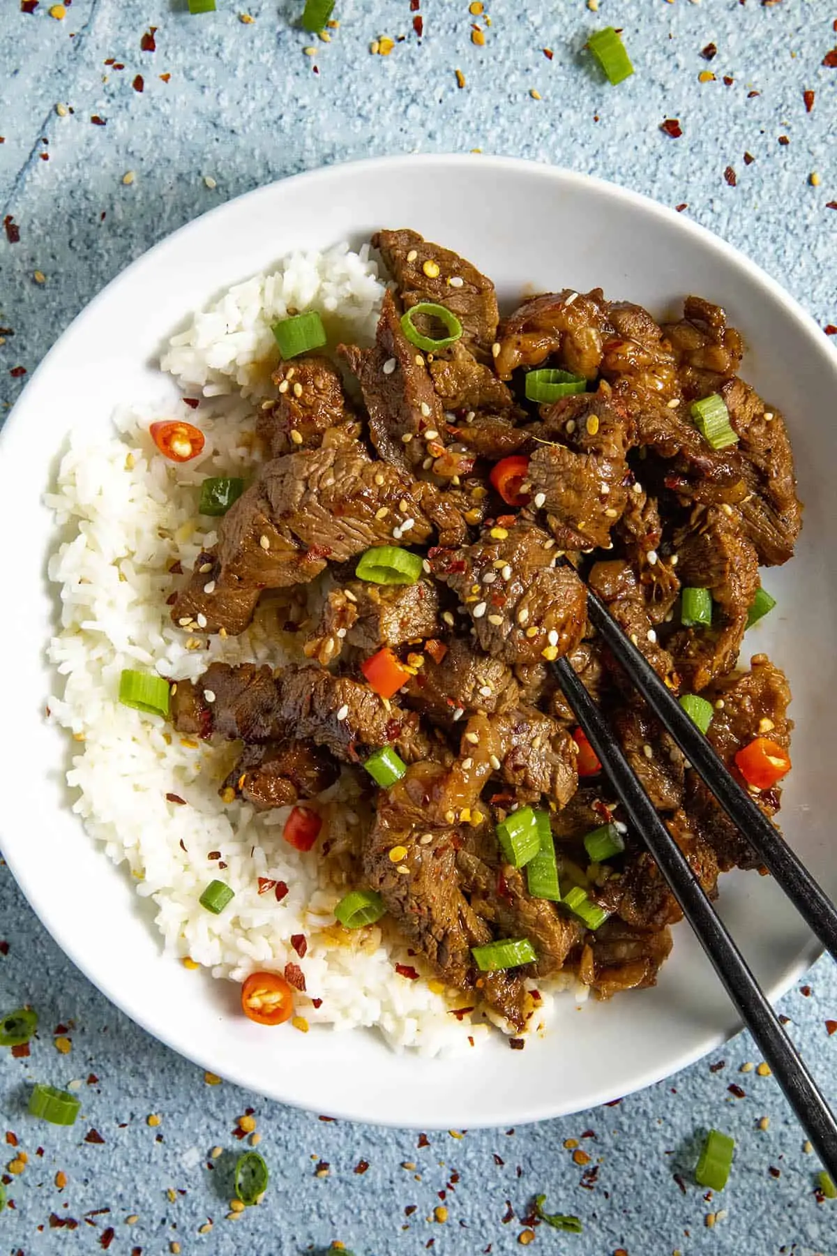 Spicy Korean Bulgogi in a bowl with chopsticks