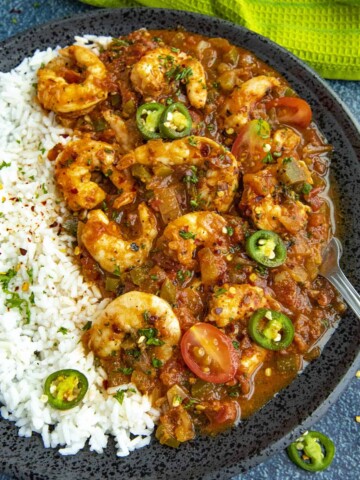 Spicy Cajun Shrimp served in a big skillet