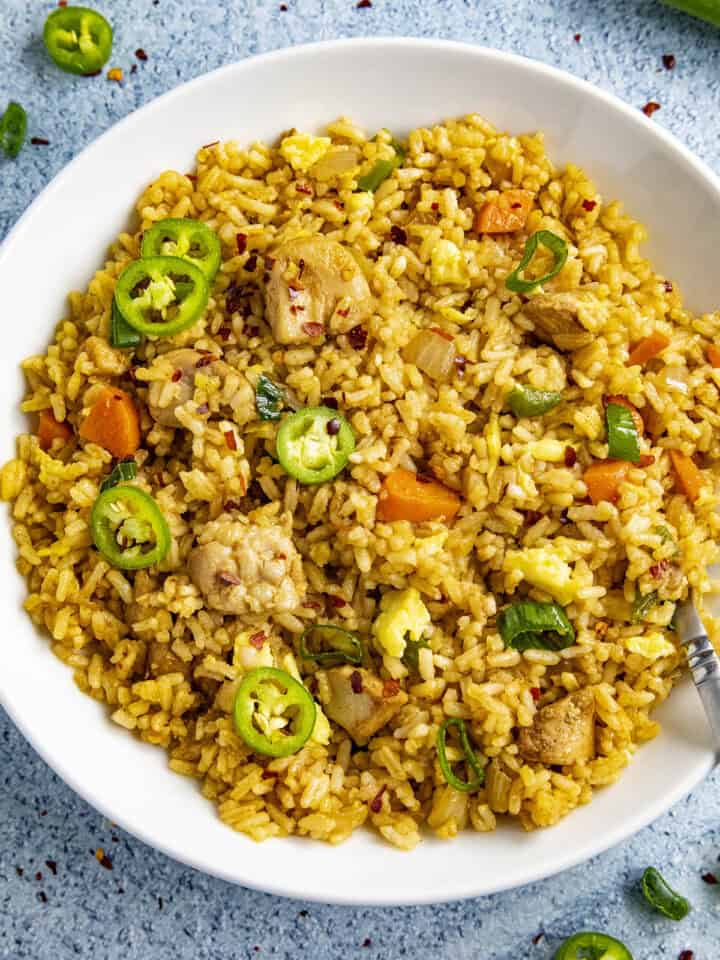 Chicken Fried Rice served in a white plate