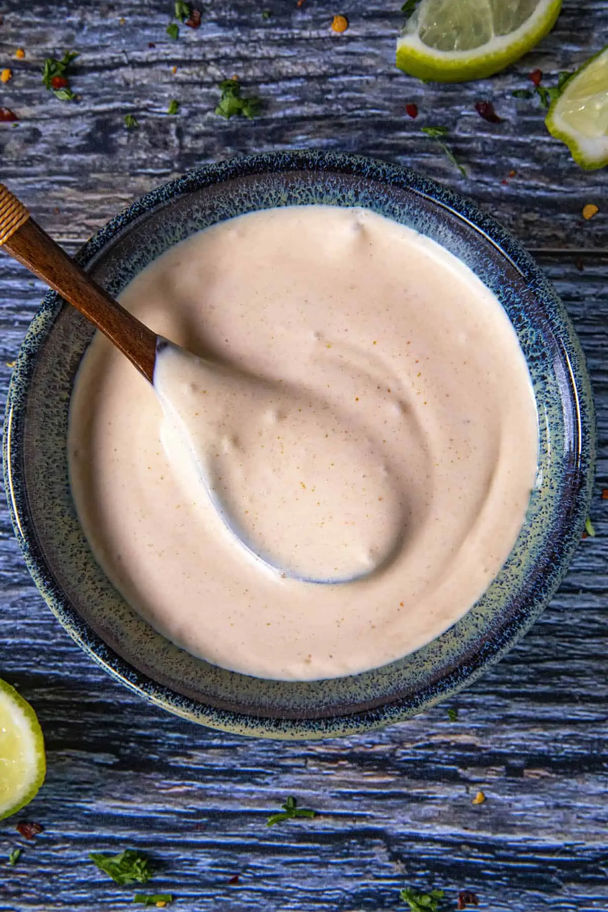 Fish Taco Sauce on a spoon, ready to serve