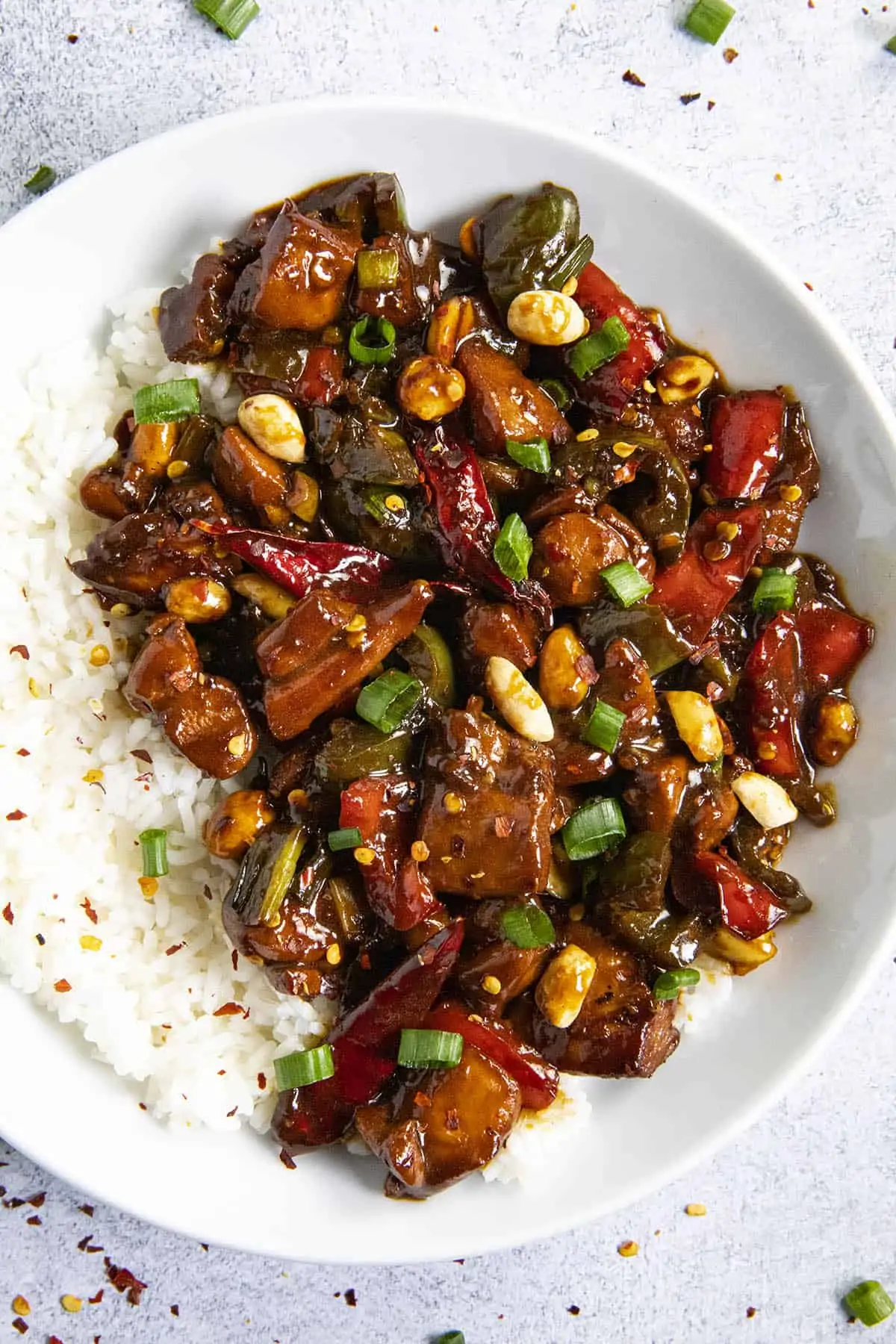Kung Pao Chicken in a bowl with rice