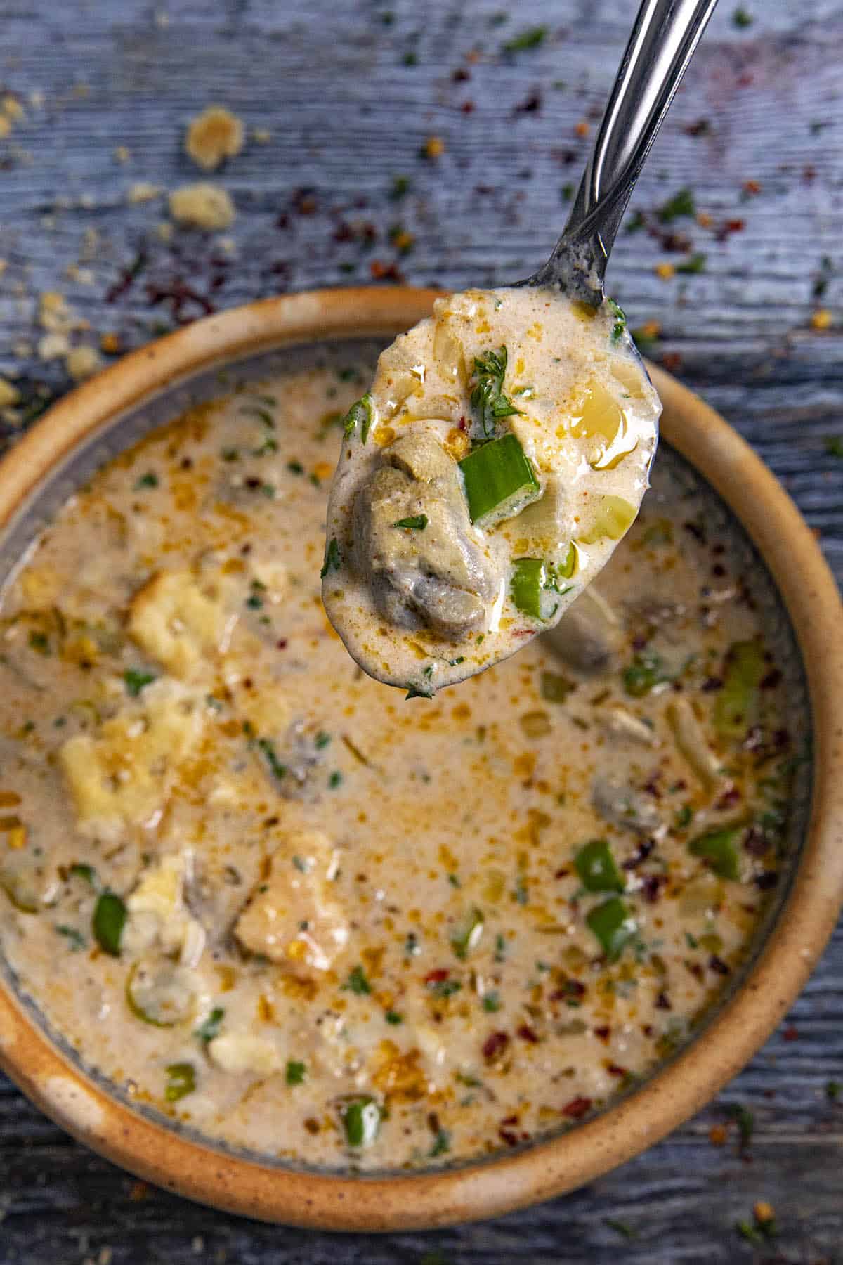Oyster Stew on a spoon, ready to enjoy