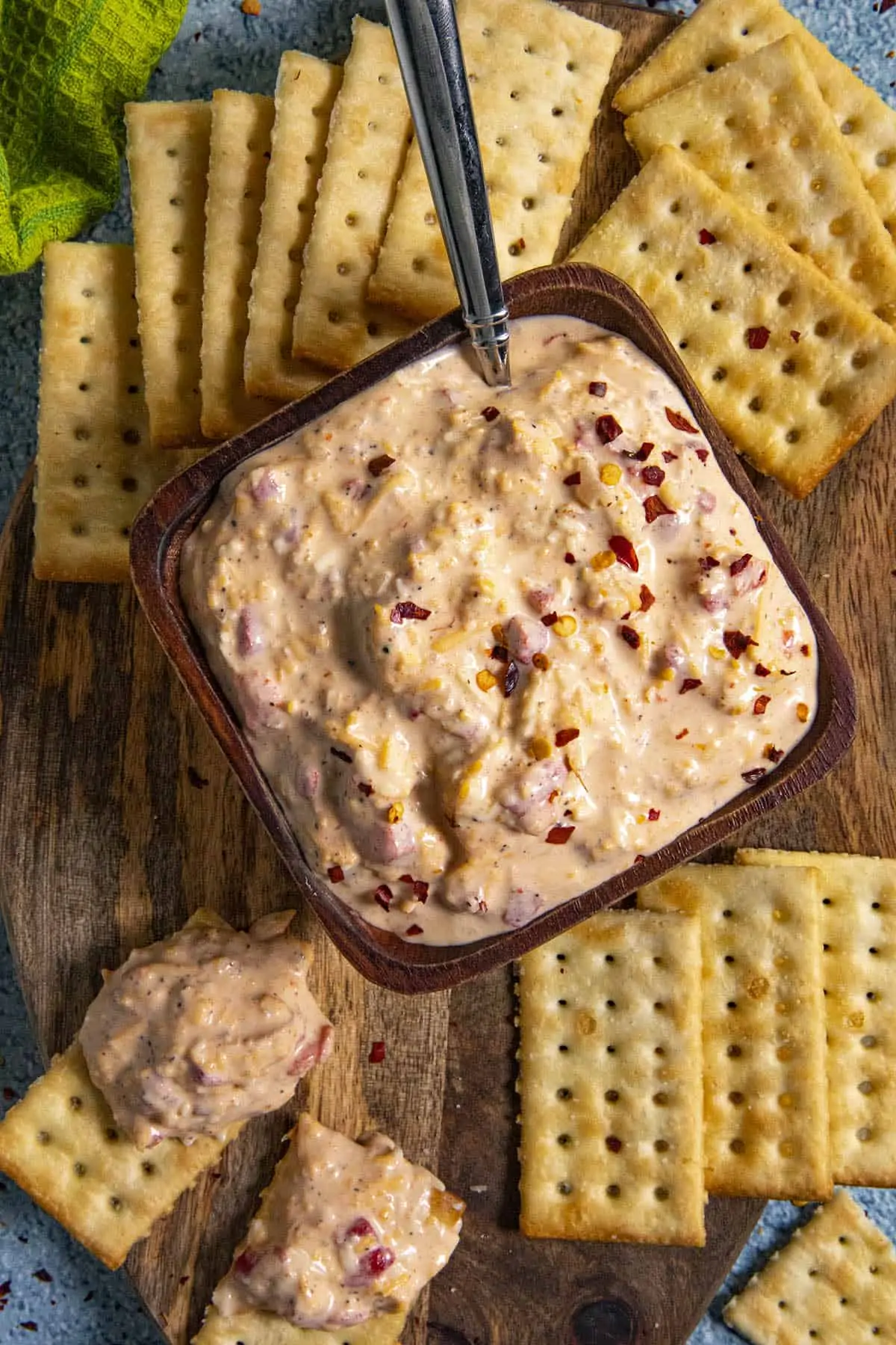 Pimento Cheese on a serving board with crackers