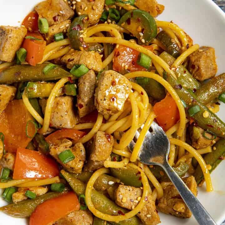 Pork Stir Fry in a white bowl
