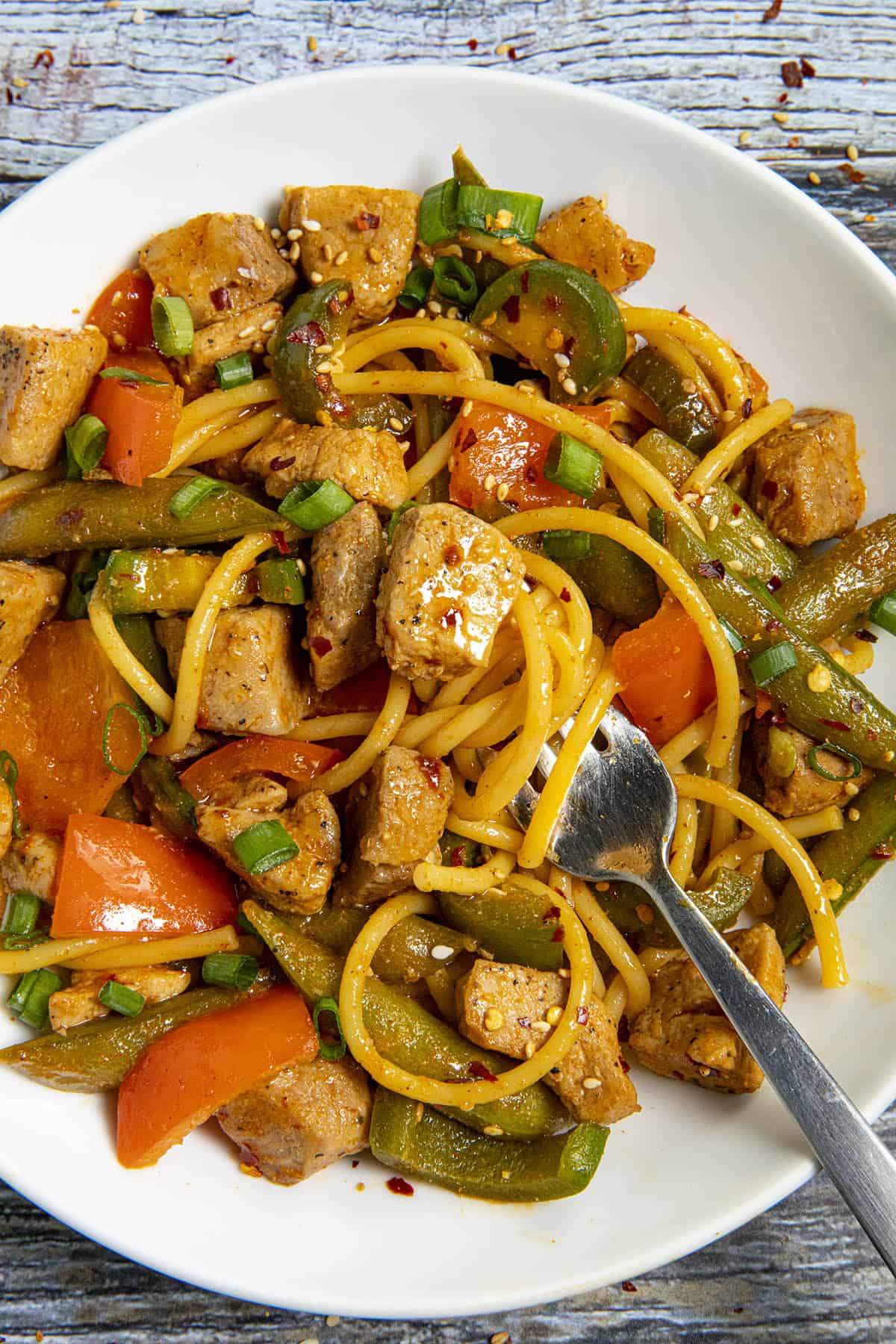 Pork Stir Fry in a white bowl